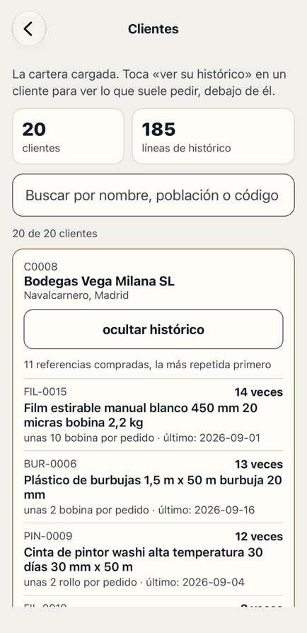 Pantalla Clientes de Matilde con datos de ejemplo: un cliente con las referencias que más compra, cuántas veces y la fecha del último pedido