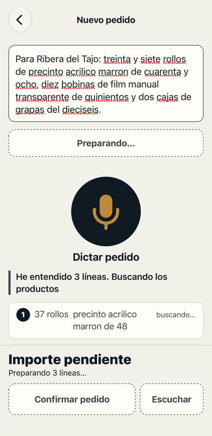 El pedido dictado aparece escrito y Matilde avisa de que ha entendido tres líneas