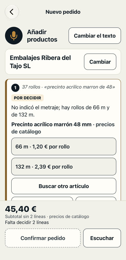 Una línea marcada como por decidir, con las dos medidas que hay en el catálogo y su precio