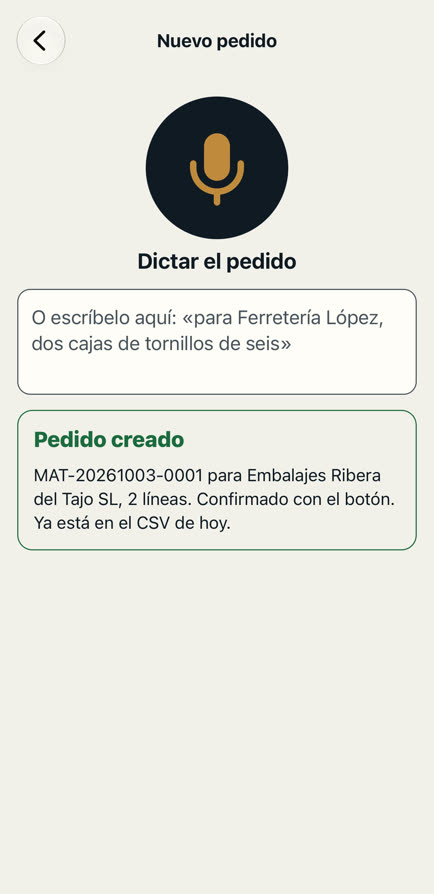 Aviso de pedido creado con su referencia, el cliente y el número de líneas